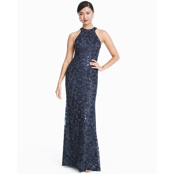 Carmen Marc Valvo Infusion Navy Blue Sequin Halter Formal Gown 8 NEW